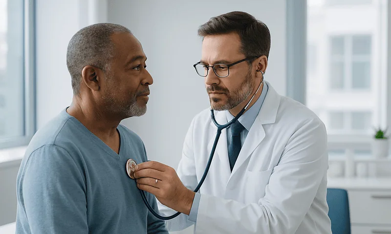 Doctor examining a patient with a stethoscope in a medical office.