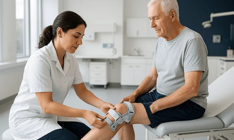 Doctor examining elderly man's knee with medical brace in clinic.
