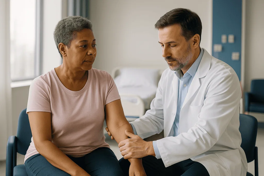 Doctor examining patient's arm in consultation: Lymph node transfer for lymphedema: moving a living filter