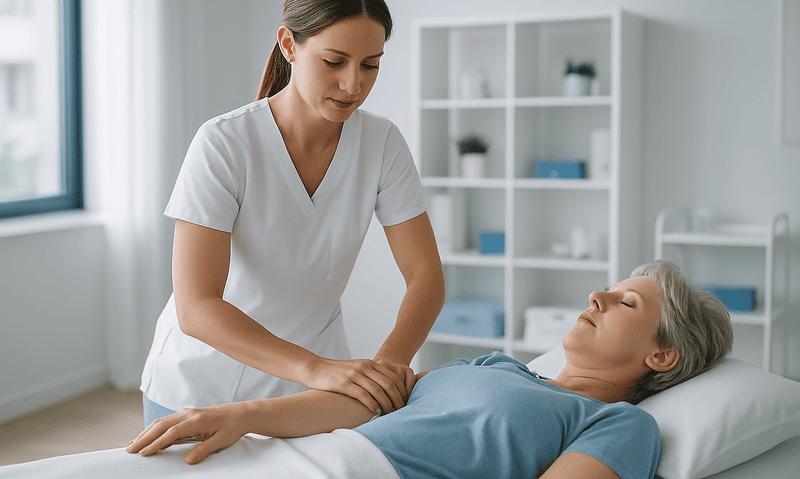 Nurse performing lymphatic drainage massage on elderly woman in clinic.