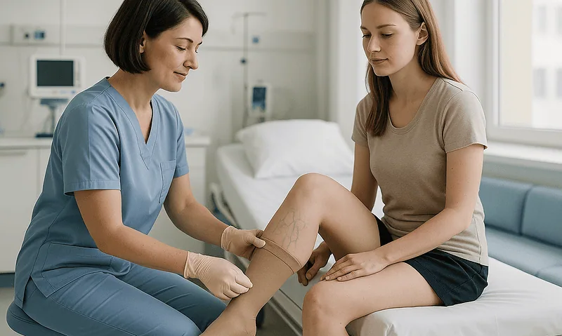 Medical professional examining patient's leg for lymphangitis symptoms.