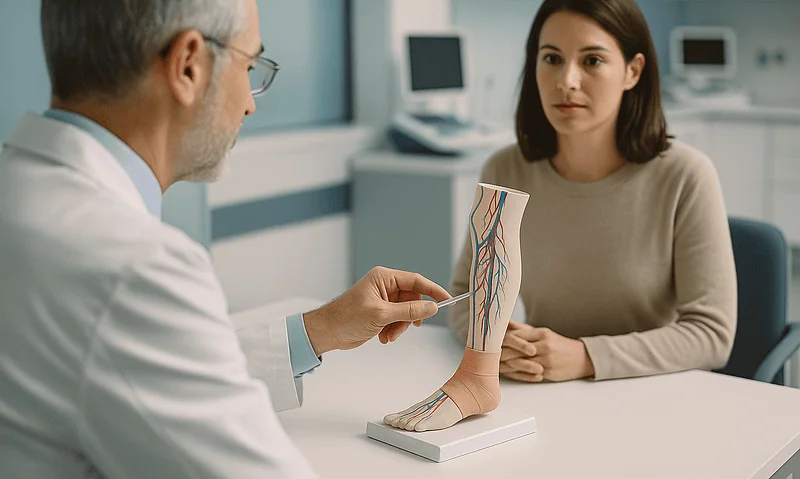Doctor explaining lymphatic system model to patient in a medical consultation.