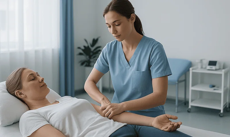 Nurse examining patient's arm in a medical clinic setting.