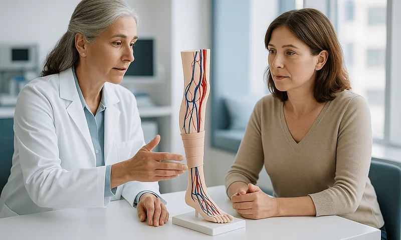 Doctor explaining lymphedema treatment to patient with anatomical model.