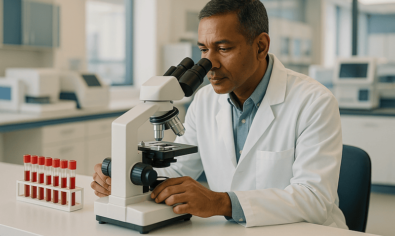 Researcher examining samples with a microscope in a medical laboratory.