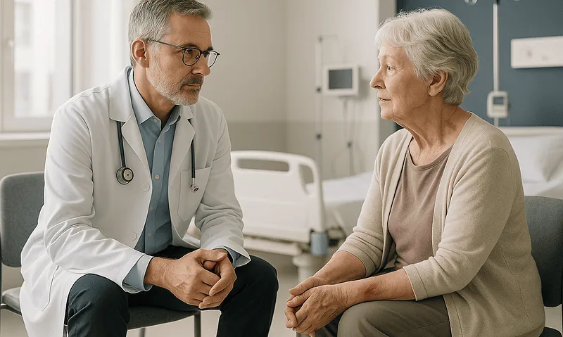 Doctor consulting with elderly patient in hospital room.