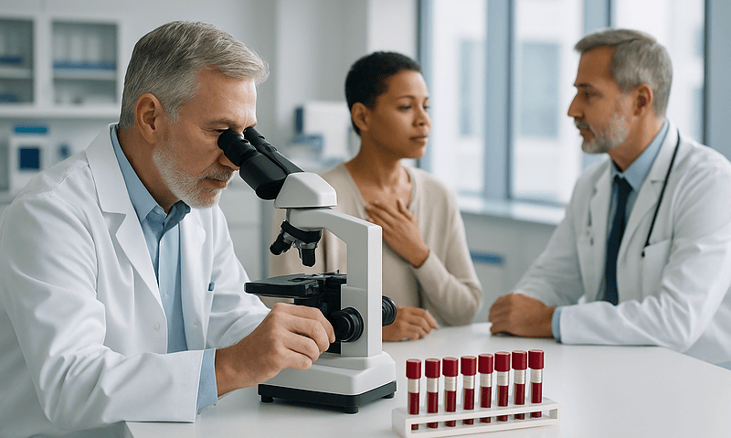 Medical researchers analyze blood samples in a laboratory setting.