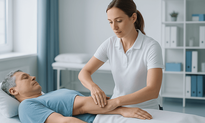 Healthcare professional examining patient's arm in a clinical setting.