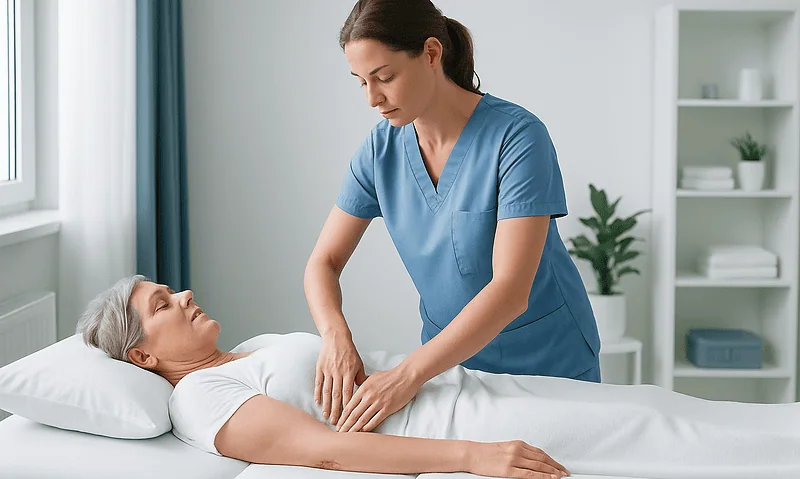 Nurse providing abdominal examination to elderly patient in hospital room.