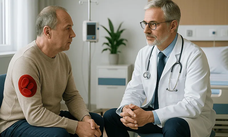 Doctor consulting with a patient in a hospital room, discussing health concerns.