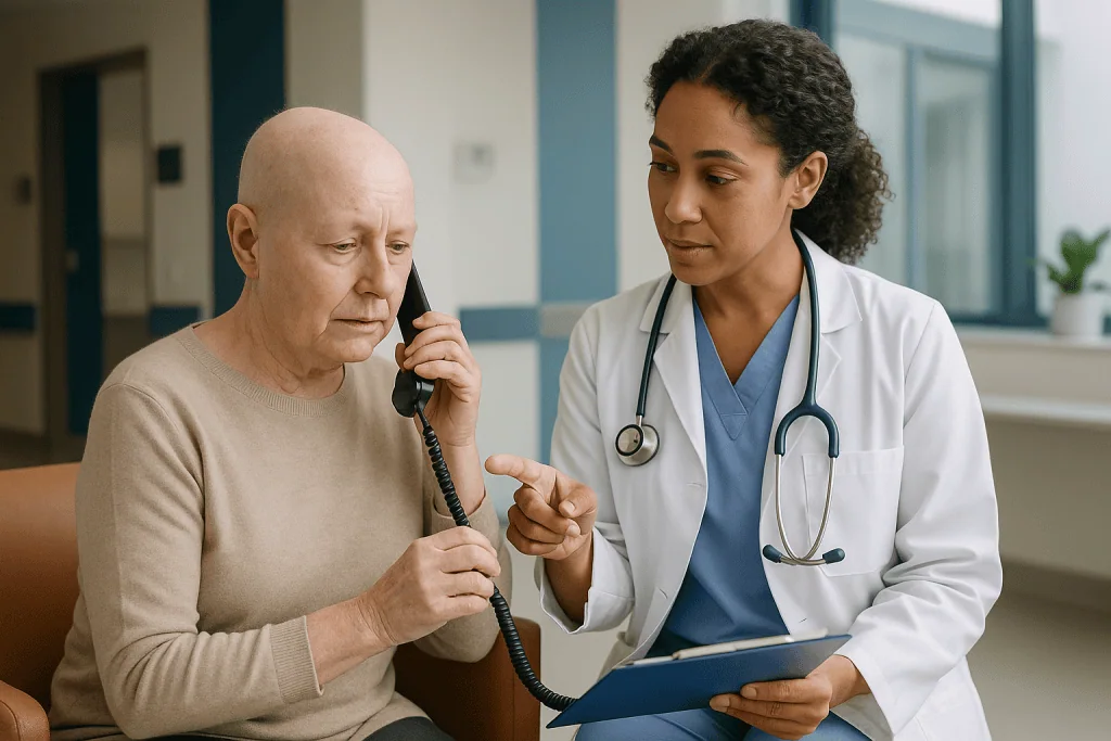 Doctor consulting with elderly patient by phone: Lymphoma treatment infection risk: when to call, and why the day of the cyc