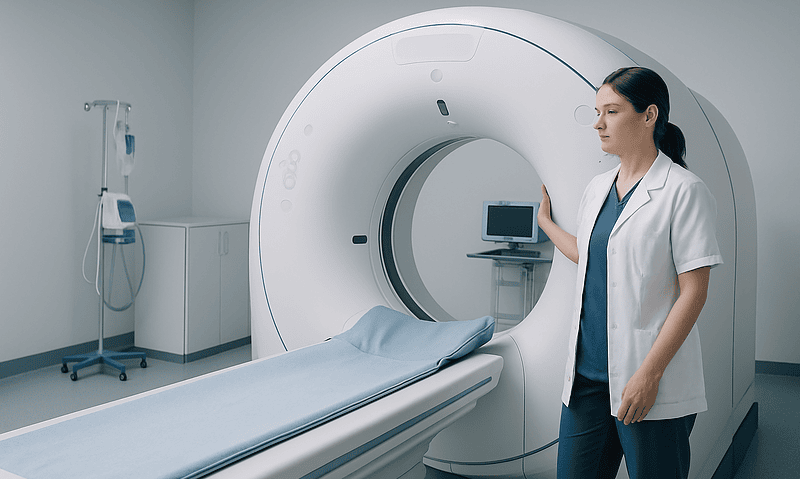 Female healthcare professional preparing a CT scan in a modern hospital room.