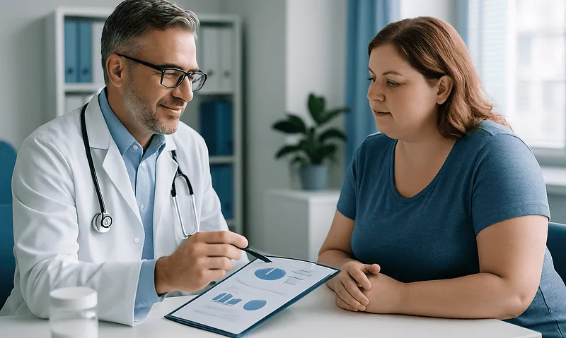 Doctor consulting with a patient about health data and charts.