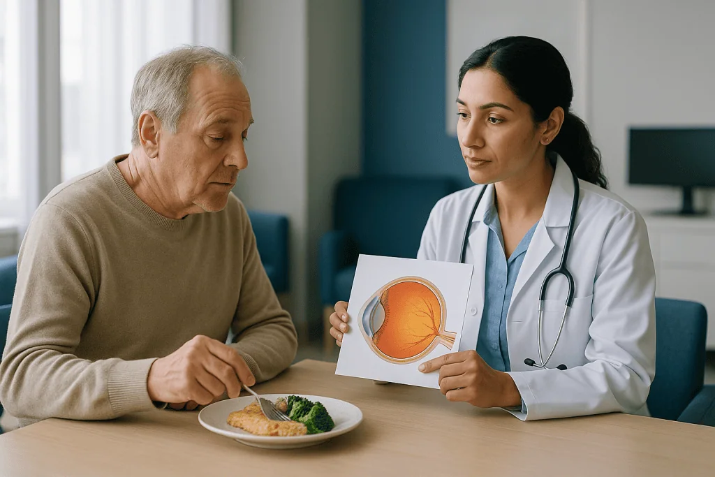 Doctor consulting elderly patient with eye anatomy diagram: Macula-on versus macula-off retinal detachment: how the two path