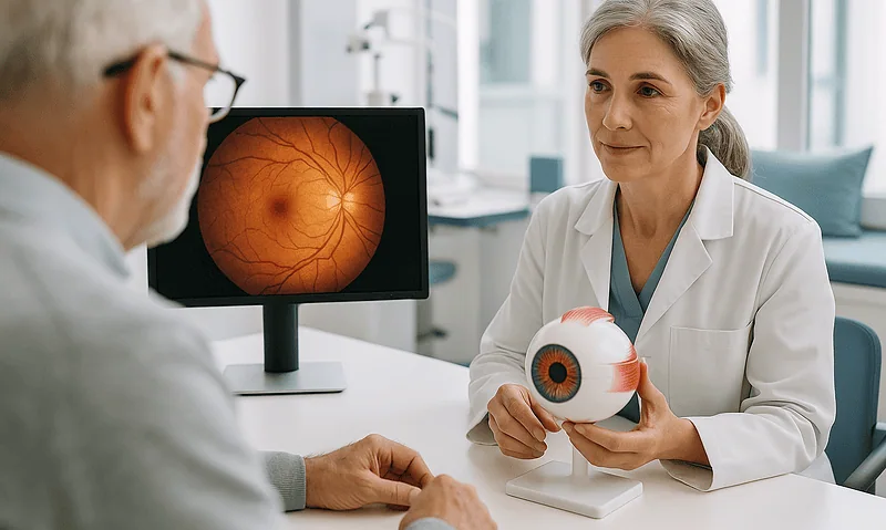 Ophthalmologist explains eye health using a model eye and retinal scan image.