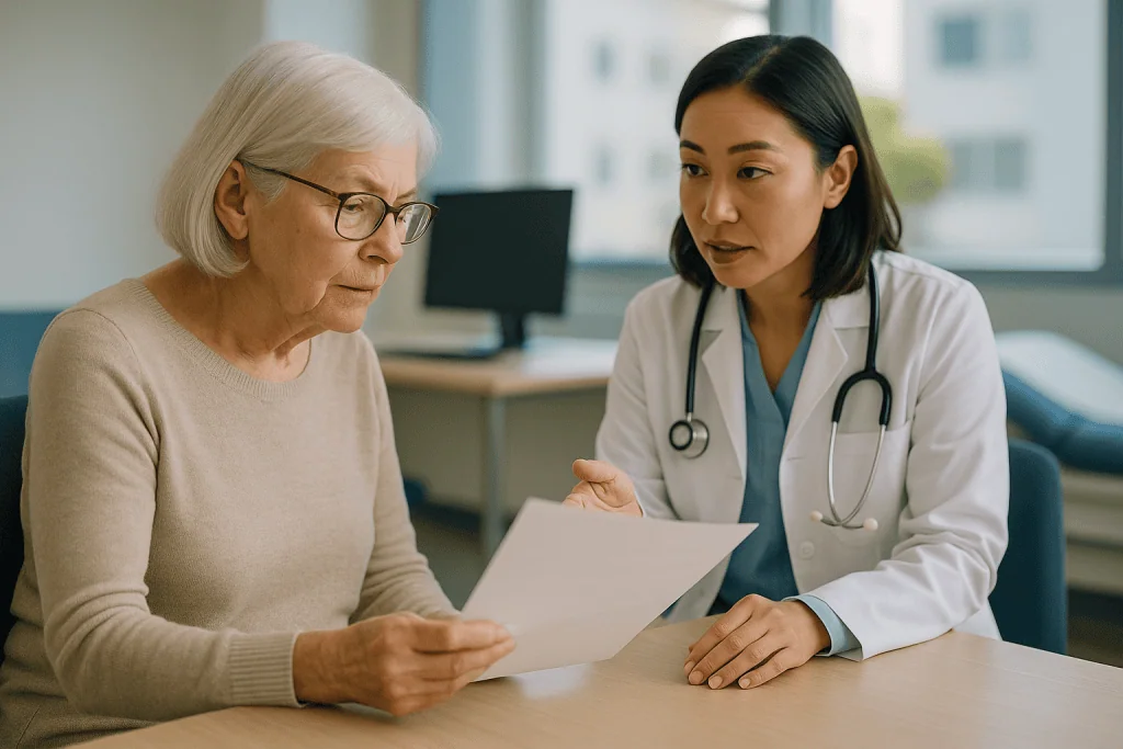 Doctor consulting senior patient with clipboard in office: Macular degeneration progression stages: how dry AMD advances