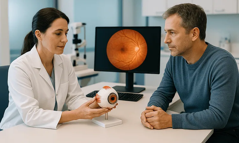 Ophthalmologist explains eye health to patient with retinal scan on monitor.