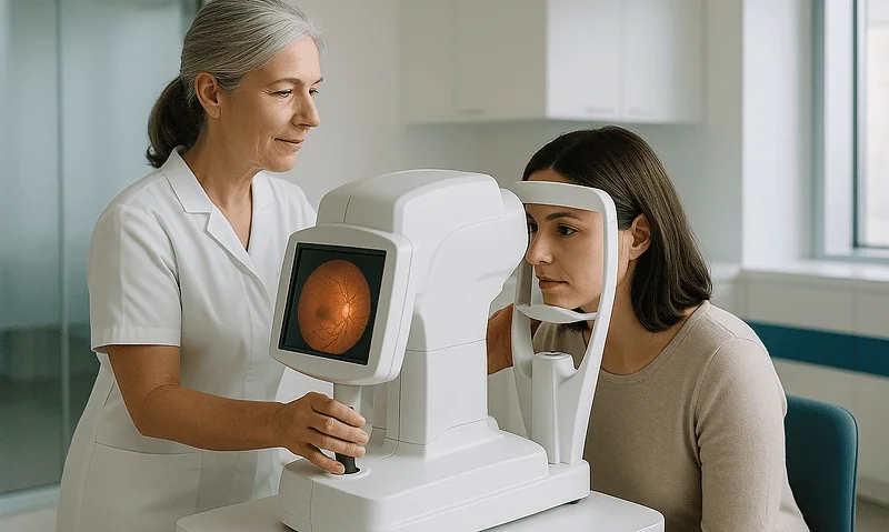 Optical coherence tomography scan being performed on a woman at Acibadem Hospital.
