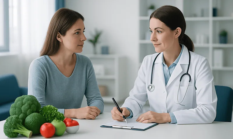 Doctor consulting with a patient about health in a modern clinic setting.