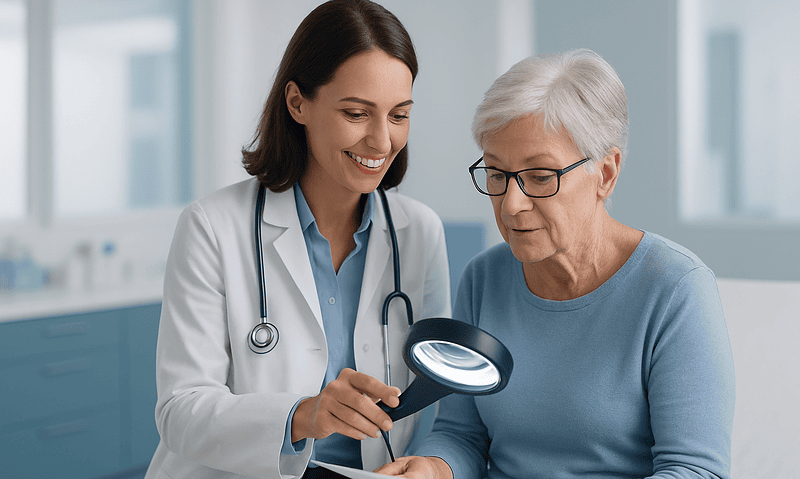 Optometrist shows elderly patient how to use a magnifying glass for vision aid.