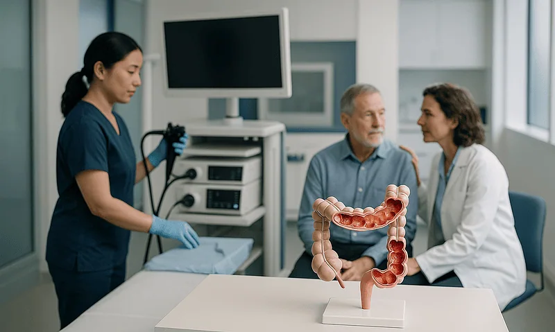 Doctor explaining intestinal health to a patient with a model of the digestive system.