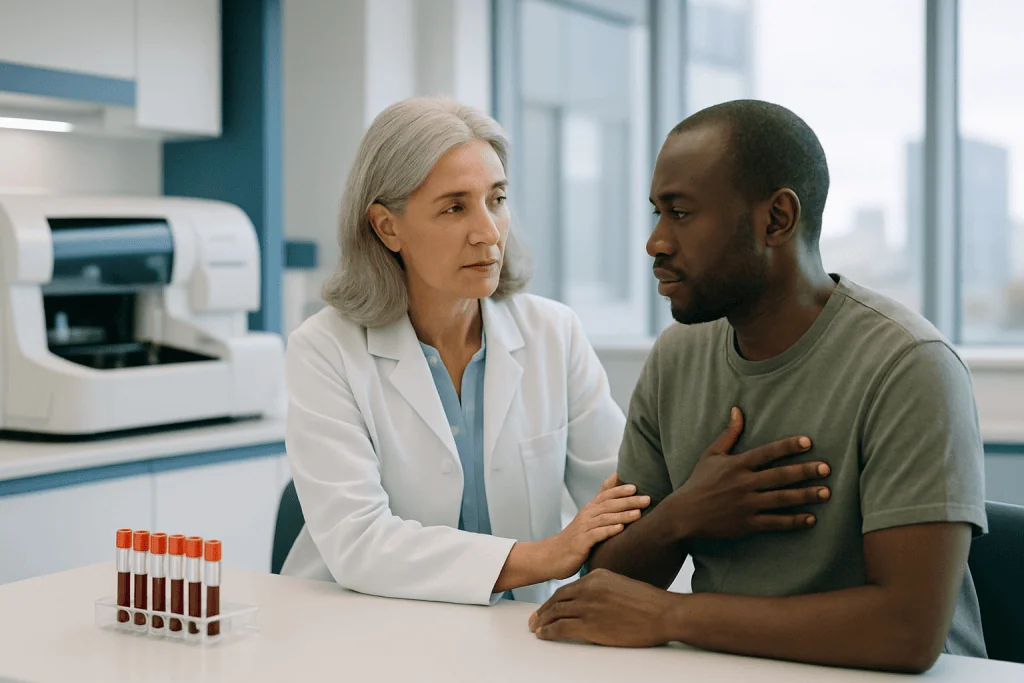 Malaria 1 Doctor consulting with patient about health concerns in a medical office.