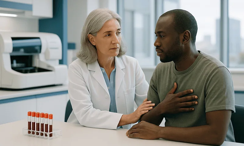 Doctor consulting with patient about health concerns in a medical office.