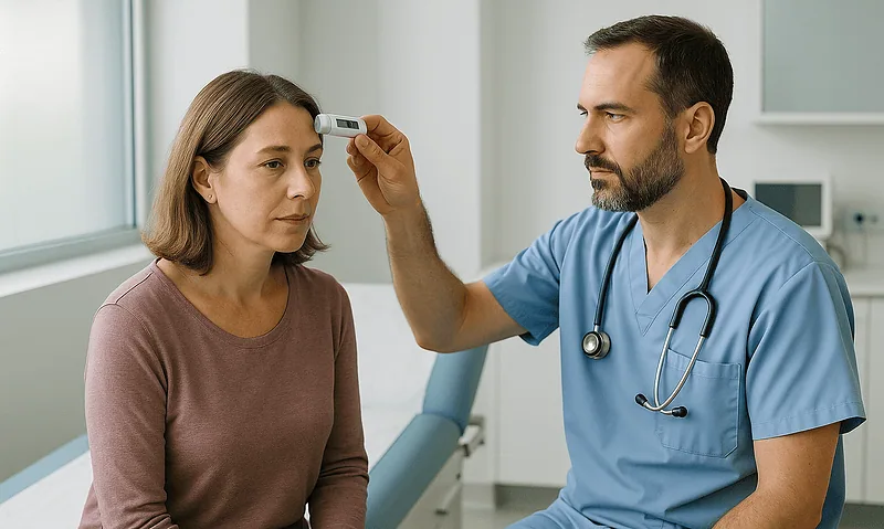 Doctor checks patient's temperature in a hospital room.