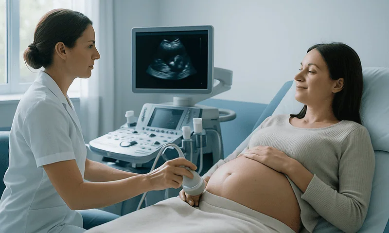 Pregnant woman having ultrasound scan at hospital.