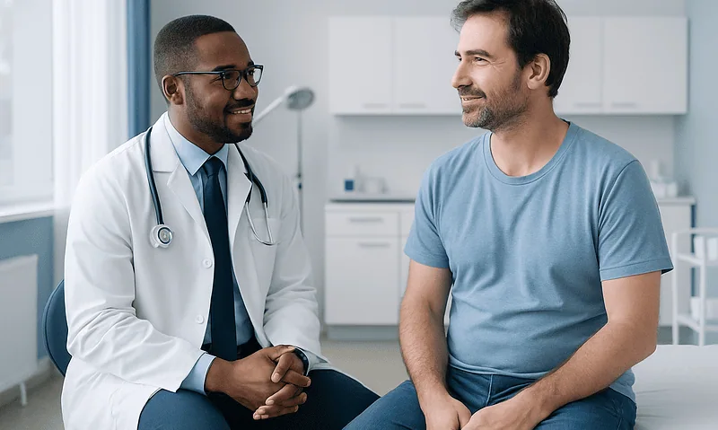 Doctor consulting with male patient in a medical office.