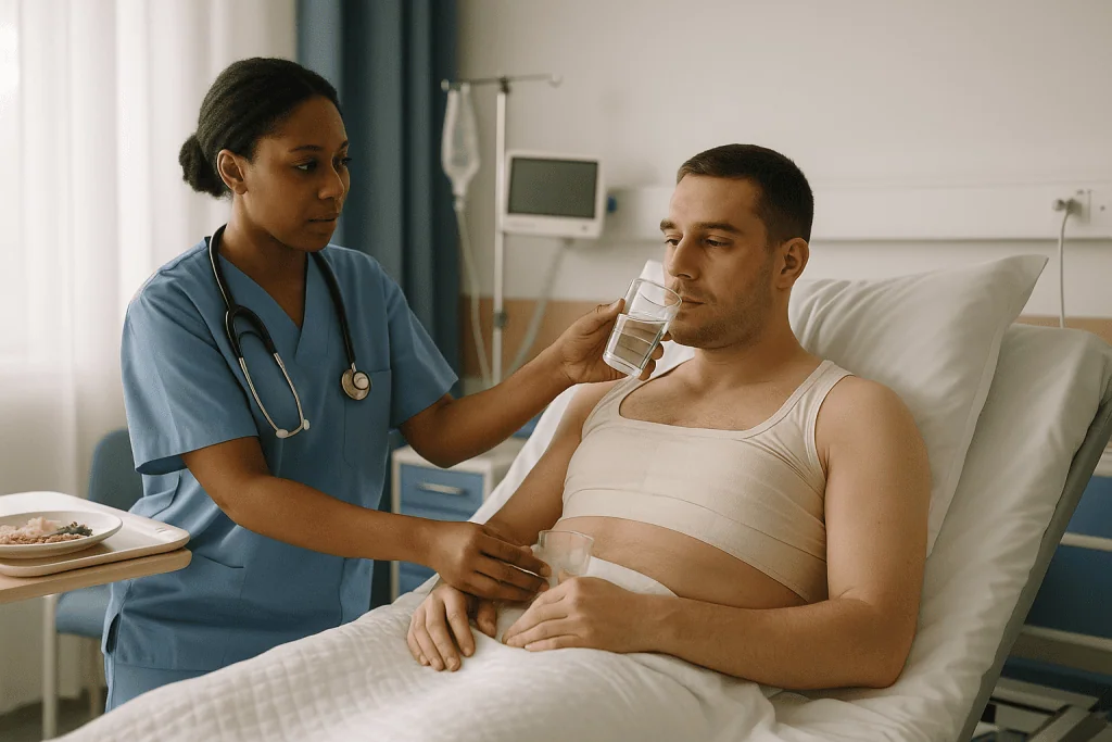 Nurse giving water to male patient in hospital bed: Male breast reduction recovery time: what the first 24 hours are really 