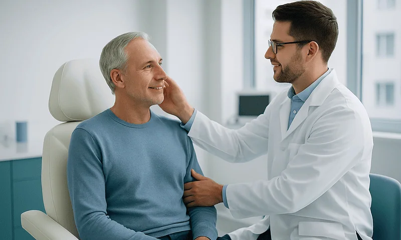 Doctor consulting with an older male patient in a medical office.