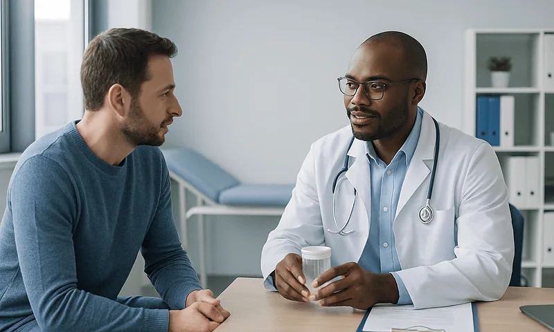Doctor consulting with male patient in a modern clinic setting.