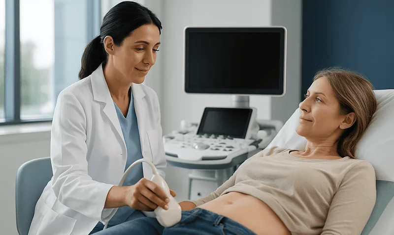 Doctor performing ultrasound on male patient in hospital room.