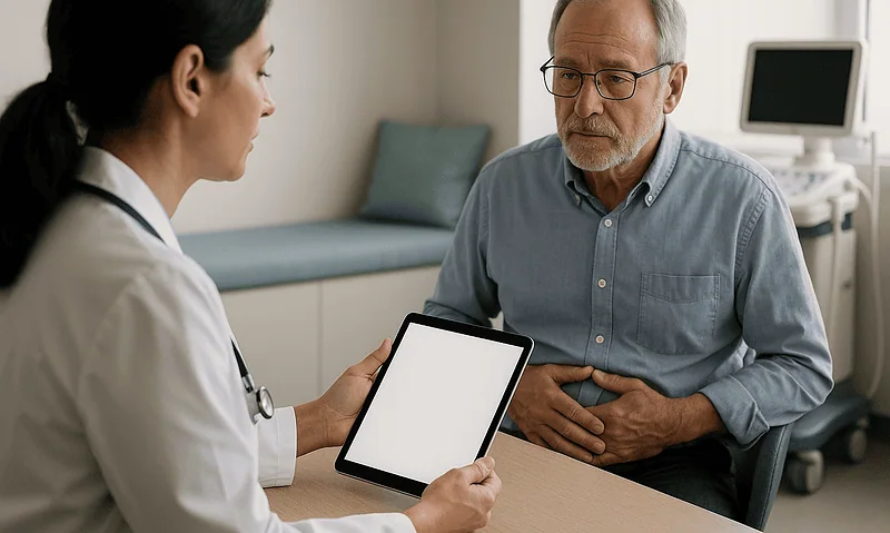 Doctor consulting with an older male patient in a medical office setting.