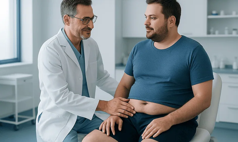 Doctor consulting with male patient in medical office.