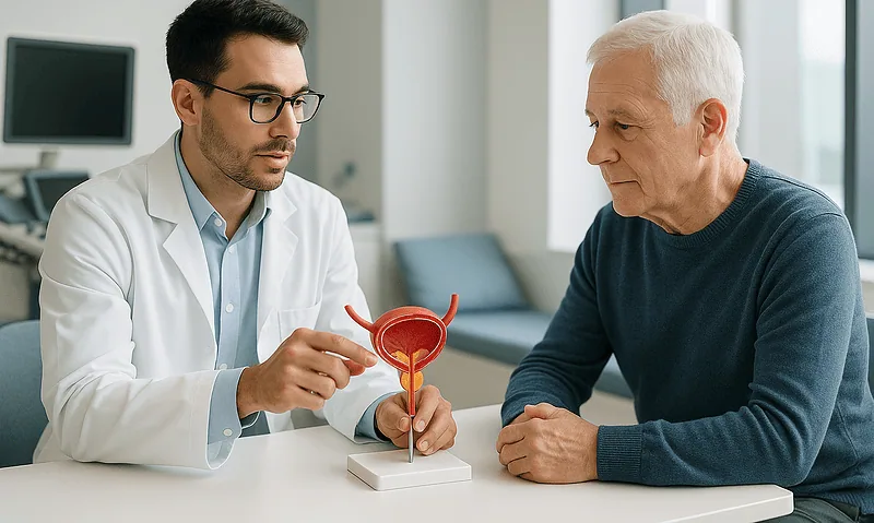 Urologist explaining male reproductive system to patient with model.