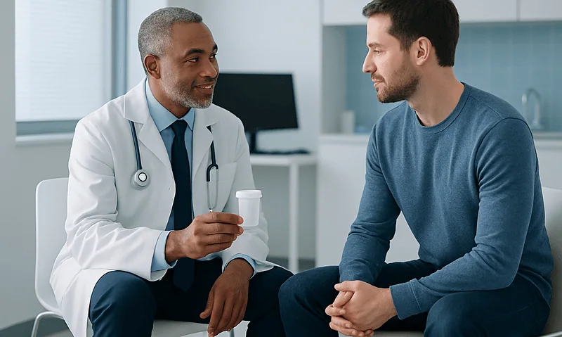 Doctor discussing male reproductive health with patient in clinic.