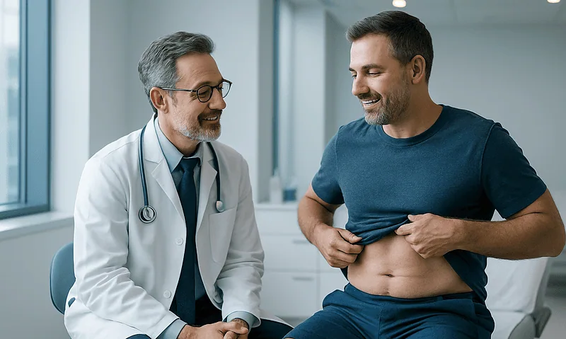 Doctor consulting male patient about tummy tuck procedure in clinic.