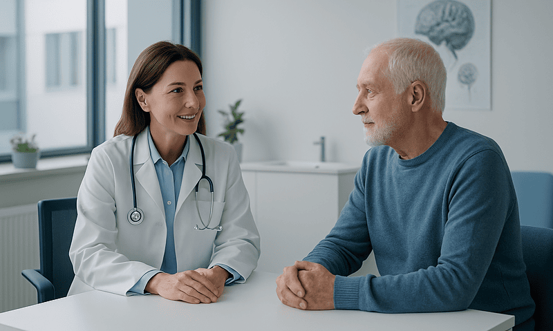 Doctor consulting with an elderly patient in a medical office.