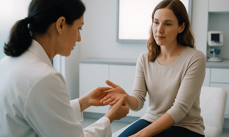 Doctor examining patient's finger in a medical consultation room.