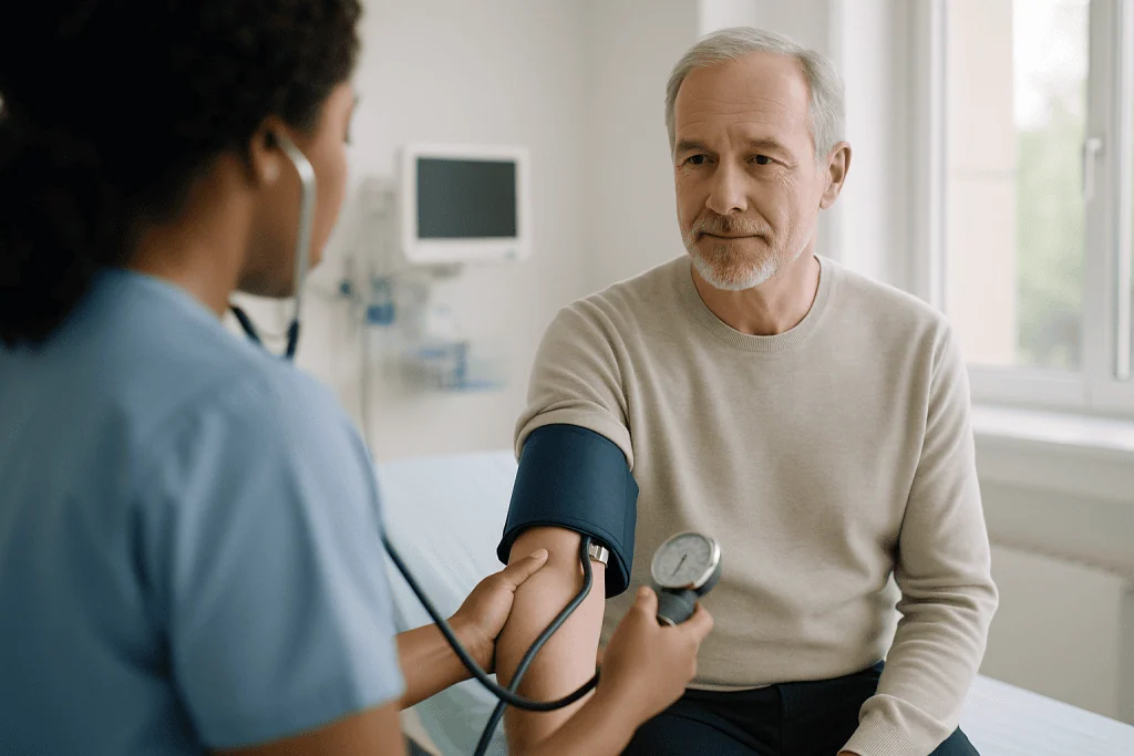 Mallet Finger 1 Doctor measuring patient's blood pressure in a hospital room.