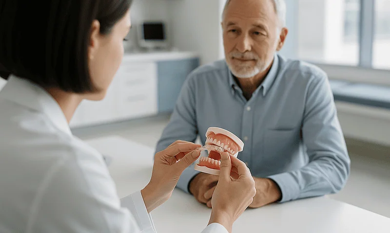 Dentist explaining dental malocclusion with a model to an elderly patient.