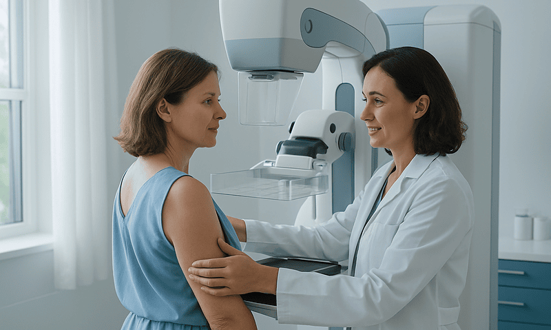 Woman undergoing mammogram at Acibadem Hospital with medical staff.