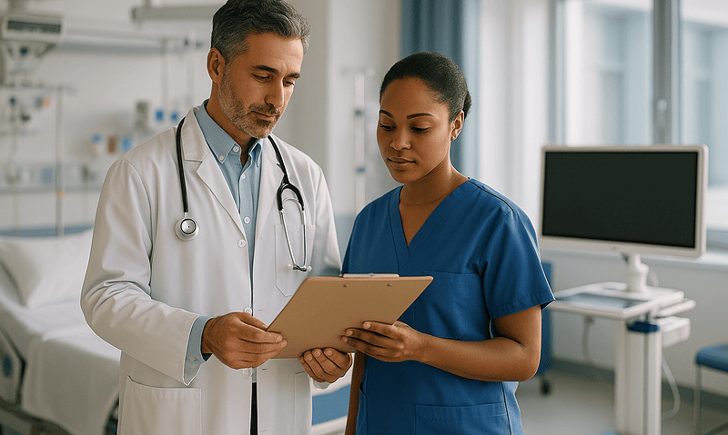 Doctor and nurse reviewing patient information in hospital setting.