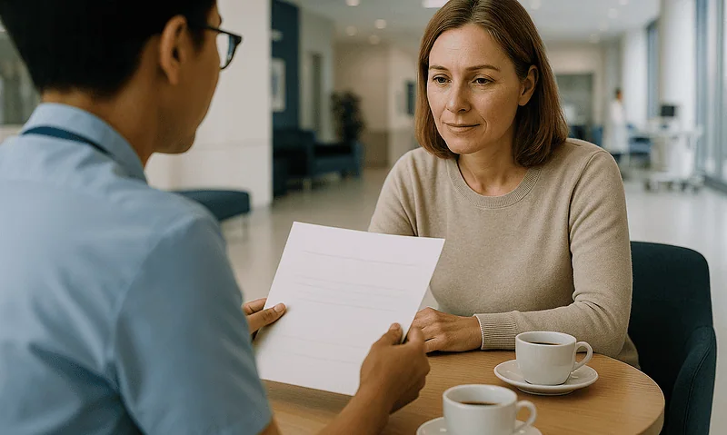 Doctor consulting with a patient about managing chronic conditions during medical travel.