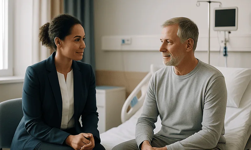 Doctor and patient having a consultation in a hospital room.