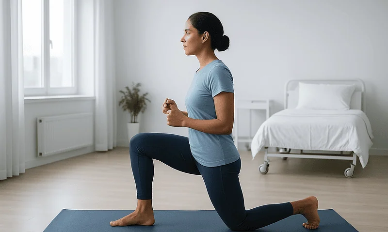 Woman practicing yoga in a bright, minimalistic room for hypertension management.