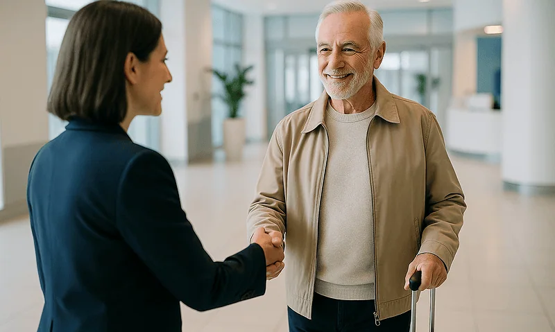 Patient greeting hospital staff at Acibadem Hospital in Turkey.