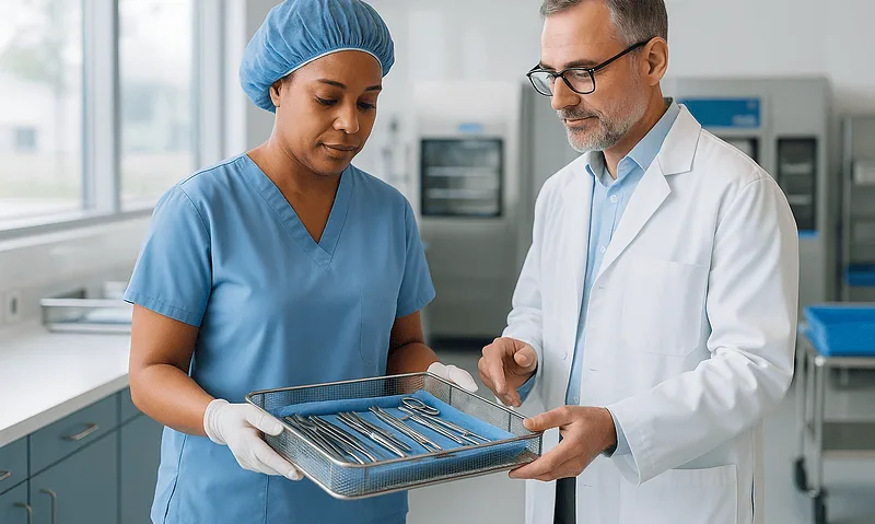 Medical professionals reviewing surgical instruments in a hospital setting.